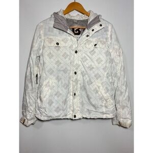 Burton Snowboard Jacket Womens Medium White Geometric Sherpa Lined Hooded Coat
